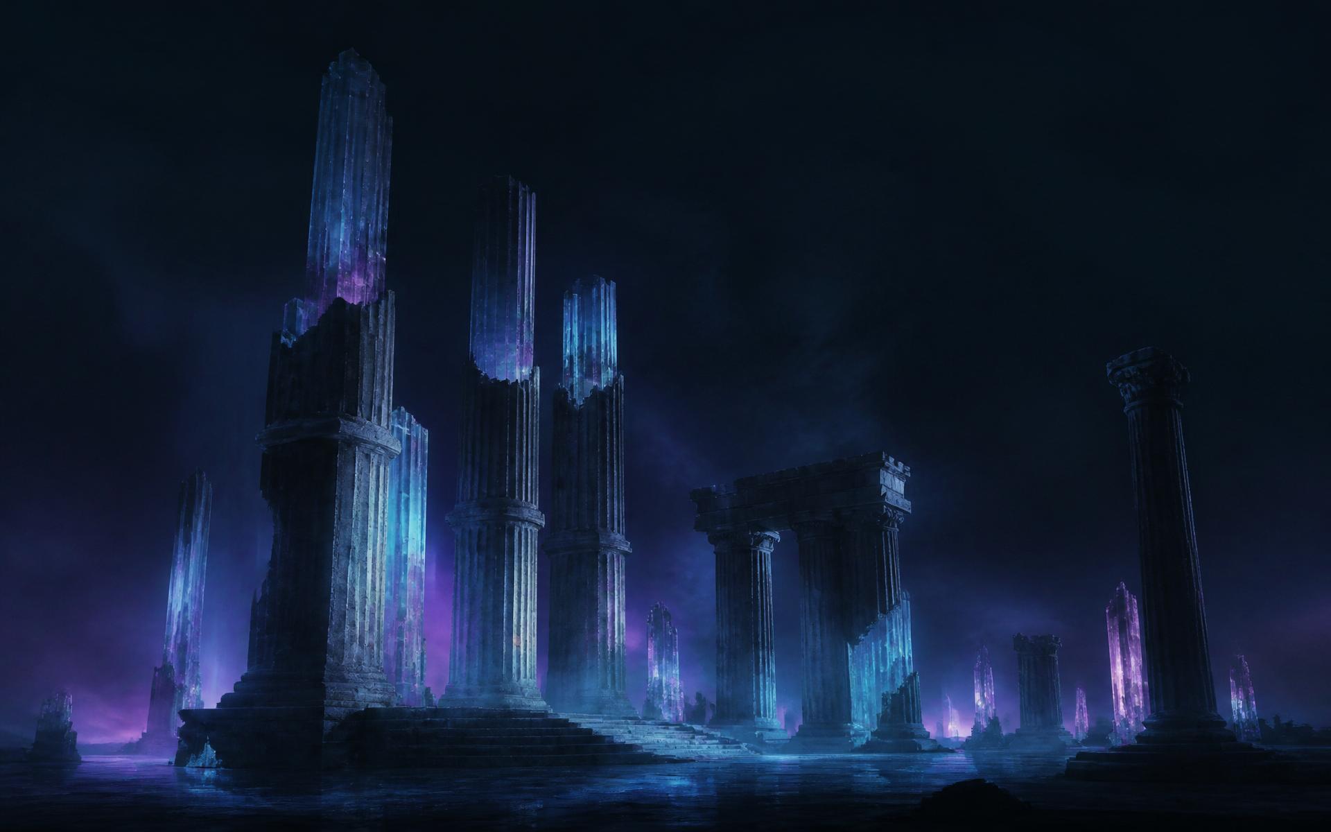 Monolithic stone columns with electric blue glow